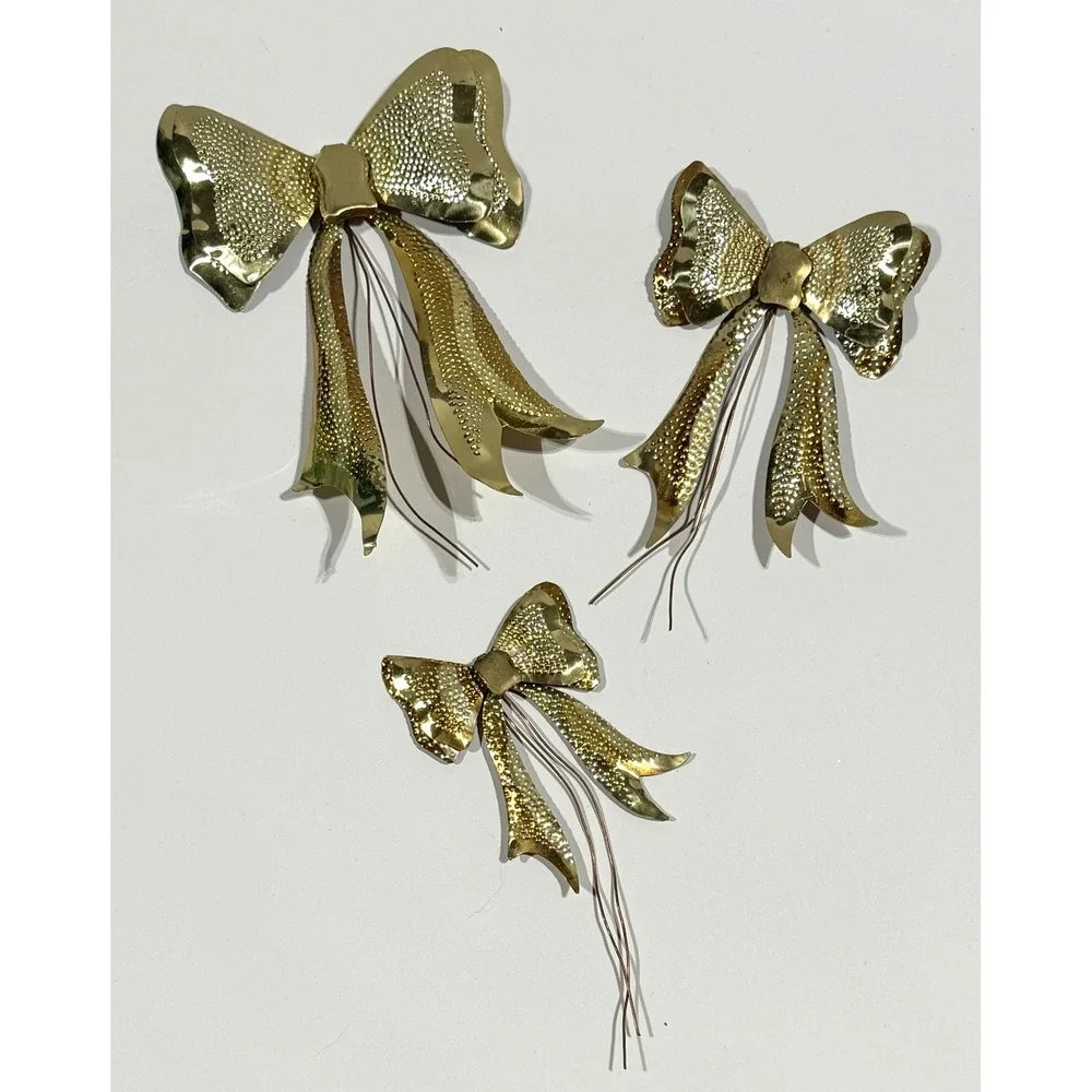 VTG Brass Metal Bows Set of 3 Textured Gold Tone Decorative Floral Accents MCM